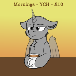 Size: 1000x1000 | Tagged: safe, artist:rokosmith26, imported from derpibooru, pony, advertisement, annoyed, cheek fluff, chest fluff, coffee, coffee mug, commission, cup, floppy ears, fluffy, mug, simple background, solo, table, your character here