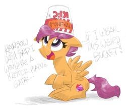 Size: 1100x951 | Tagged: safe, artist:flutterthrash, scootaloo, pegasus, pony, buckethead, dialogue, female, filly, headbucket, kfc, looking up, solo