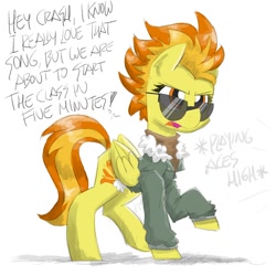 Size: 1200x1200 | Tagged: safe, artist:flutterthrash, spitfire, pegasus, pony, aces high, bomber jacket, clothes, dialogue, female, frown, implied rainbow dash, jacket, mare, sunglasses