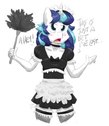 Size: 1000x1165 | Tagged: safe, artist:flutterthrash, shining armor, anthro, unicorn, annoyed, blushing, clothes, crossdressing, dialogue, duster, maid, male, solo