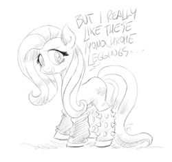 Size: 1200x1129 | Tagged: safe, artist:flutterthrash, fluttershy, pegasus, pony, rainbow roadtrip, black and white, clothes, dialogue, female, grayscale, leggings, mare, monochrome, solo, spiked leggings