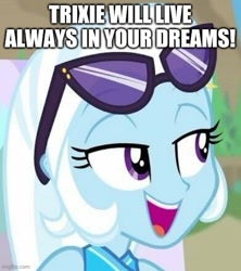 Size: 500x563 | Tagged: safe, imported from derpibooru, trixie, equestria girls, equestria girls series, forgotten friendship, caption, clothes, image macro, imgflip, impact font, meme, sunglasses, sunglasses on head, swimsuit, text