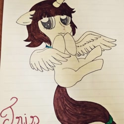 Size: 1080x1080 | Tagged: safe, artist:aleuoliver, artist:aleurajan, imported from derpibooru, oc, oc only, alicorn, pony, alicorn oc, horn, lined paper, signature, sitting, solo, traditional art, wings