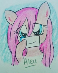Size: 1272x1590 | Tagged: safe, artist:aleuoliver, artist:aleurajan, imported from derpibooru, pinkie pie, earth pony, pony, bust, crying, eyelashes, fake smile, female, hoof hold, mare, pinkamena diane pie, smiling, solo, traditional art