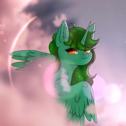 Size: 1080x1080 | Tagged: safe, artist:nel_liddell, imported from derpibooru, oc, oc only, alicorn, pony, alicorn oc, bust, cloud, ear fluff, eyelashes, horn, looking back, solo, wings