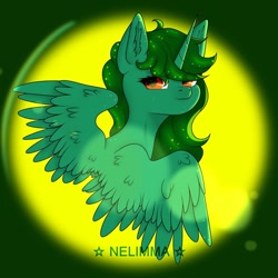 Size: 1080x1080 | Tagged: safe, alternate version, artist:nel_liddell, imported from derpibooru, oc, oc only, alicorn, pony, abstract background, alicorn oc, bust, ear fluff, eyelashes, horn, looking back, solo, wings