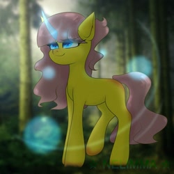 Size: 1080x1080 | Tagged: safe, artist:nel_liddell, imported from derpibooru, oc, oc only, pony, unicorn, eyelashes, forest, glowing horn, horn, outdoors, smiling, solo, tree, unicorn oc