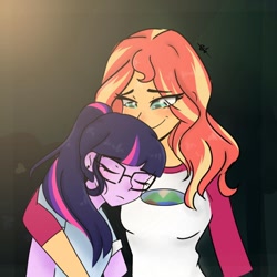 Size: 1080x1080 | Tagged: safe, artist:_denart, artist:rapunzelights, imported from derpibooru, sci-twi, sunset shimmer, twilight sparkle, equestria girls, bust, clothes, duo, eyelashes, eyes closed, female, glasses, hug, lesbian, scitwishimmer, shipping, side hug, sleeping, smiling, sunsetsparkle