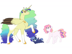 Size: 1280x960 | Tagged: safe, artist:doodletheexpoodle, imported from derpibooru, princess celestia, princess luna, oc, oc:queen eva gaia, alicorn, earth pony, pegasus, pony, alicorn oc, baby, baby pony, blank flank, cewestia, earth pony celestia, female, filly, horn, mare, pegasus luna, race swap, simple background, white background, wings, woona, younger