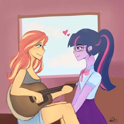 Size: 1080x1080 | Tagged: safe, artist:_denart, artist:rapunzelights, imported from derpibooru, sci-twi, sunset shimmer, twilight sparkle, equestria girls, clothes, cloud, denim shorts, female, floating heart, glasses, guitar, heart, indoors, lesbian, musical instrument, ponytail, scitwishimmer, shipping, shorts, signature, sitting, skirt, sleeveless, smiling, sunsetsparkle, tanktop, window