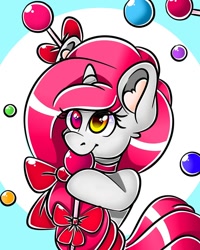 Size: 1080x1350 | Tagged: safe, artist:tessa_key_, imported from derpibooru, oc, oc only, pony, unicorn, abstract background, bow, braid, candy, choker, eyelashes, food, hair bow, heterochromia, horn, lollipop, solo, unicorn oc