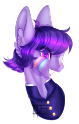 Size: 1772x2772 | Tagged: safe, artist:minelvi, imported from derpibooru, oc, oc only, earth pony, pony, bust, clothes, ear fluff, earth pony oc, eye clipping through hair, grin, signature, simple background, smiling, solo, tattoo, transparent background