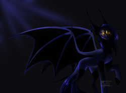 Size: 5268x3912 | Tagged: safe, artist:minelvi, imported from derpibooru, oc, oc only, bat pony, pony, bat pony oc, bat wings, dark background, glowing eyes, raised hoof, signature, solo, wings