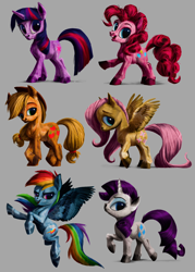 Size: 2144x3000 | Tagged: safe, artist:wreckham, imported from derpibooru, applejack, fluttershy, pinkie pie, rainbow dash, rarity, twilight sparkle, earth pony, pegasus, pony, unicorn, colored hooves, female, gray background, mane six, mare, pose, redesign, simple background, unicorn twilight