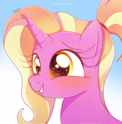 Size: 1024x1040 | Tagged: safe, artist:nnaly, imported from derpibooru, luster dawn, pony, unicorn, blushing, bust, cute, female, lusterbetes, mare, portrait, signature, smiling, solo, sparkling eyes, sparkly eyes