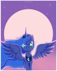 Size: 1024x1276 | Tagged: safe, artist:nnaly, imported from derpibooru, princess luna, alicorn, pony, ethereal mane, female, full moon, galaxy mane, mare, moon, night, signature, solo, sparkly eyes, spread wings, stars, wings