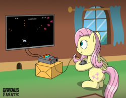 Size: 1776x1388 | Tagged: safe, artist:gradiusfanatic, imported from derpibooru, fluttershy, pegasus, pony, female, gamer fluttershy, nintendo entertainment system, playing, solo, star soldier, video game