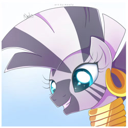 Size: 1024x1024 | Tagged: safe, artist:nnaly, imported from derpibooru, zecora, pony, zebra, bust, catchlights, cute, ear piercing, earring, female, grin, jewelry, mare, neck rings, piercing, portrait, quadrupedal, signature, smiling, solo, sparkly eyes, zecorable