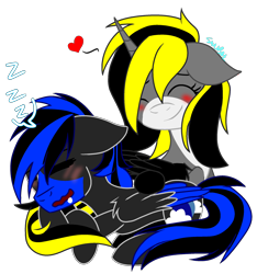 Size: 2100x2245 | Tagged: safe, artist:juliet-gwolf18, imported from derpibooru, oc, oc only, oc:blue moon, oc:juliet, pegasus, pony, blushing, eyes closed, female, horn, male, mare, oc x oc, onomatopoeia, open mouth, pegasus oc, shipping, signature, simple background, sleeping, smiling, sound effects, stallion, transparent background, two toned wings, wings, zzz