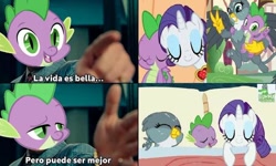 Size: 720x433 | Tagged: safe, edit, edited screencap, imported from derpibooru, screencap, gabby, rarity, spike, dragon dropped, secret of my excess, bisexual, female, lesbian, life is good but it can be better, male, meme, polyamory, shipping, spabby, spanish, sparibby, sparity, spike gets all the mares, straight, wonder woman 1984