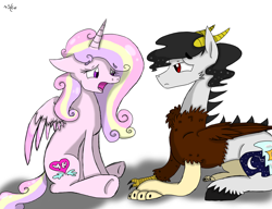 Size: 2502x1920 | Tagged: safe, artist:souleater-love, imported from derpibooru, oc, oc:princessa amore nell'aria, oc:vandal, alicorn, draconequus, hybrid, pony, duo, female, interspecies offspring, male, offspring, parent:discord, parent:princess cadance, parent:princess celestia, parent:shining armor, parents:dislestia, parents:shiningcadance, simple background, white background