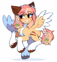 Size: 3722x4096 | Tagged: safe, artist:kirionek, imported from derpibooru, oc, oc only, human head pony, original species, pegasus, braid, coat markings, ear fluff, markings, pale belly, pegasus oc, simple background, socks (coat markings), solo, spread wings, two toned wings, underhoof, unshorn fetlocks, white background, white belly, wings