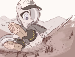 Size: 1200x917 | Tagged: safe, artist:raps, imported from derpibooru, marble pie, earth pony, pony, baseball cap, boots, butt scootin', cap, clothes, destruction, female, giant pony, giantess, hat, hoodie, hoof boots, macro, mountain, onomatopoeia, scooting, shoes, solo, sound effects