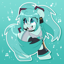 Size: 4000x4000 | Tagged: safe, artist:partylikeanartist, imported from derpibooru, earth pony, pony, abstract background, absurd resolution, clothes, eye clipping through hair, eyebrows, eyebrows visible through hair, female, hatsune miku, headset, hilarious in hindsight, microphone, necktie, open mouth, pigtails, ponified, shoes, solo, twintails, vocaloid