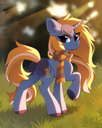 Size: 3200x4000 | Tagged: safe, artist:kirionek, imported from derpibooru, oc, oc only, oc:maple parapet, pony, unicorn, butt, clothes, female, looking back, mare, plot, raised hoof, rear view, scarf, scenery, side view, solo, standing