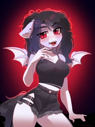 Size: 1280x1710 | Tagged: safe, artist:kirionek, imported from derpibooru, oc, oc only, anthro, bat pony, vampire, blood, clothes, denim shorts, ear piercing, earring, eye clipping through hair, female, jewelry, looking at you, midriff, open mouth, piercing, red eyes, sexy, shorts, side slit, slit eyes, slit pupils, solo, spread wings, tanktop, tomboy, wings