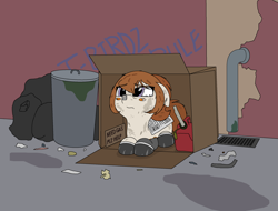 Size: 2048x1555 | Tagged: safe, artist:ethanchang, imported from derpibooru, oc, oc only, oc:civic, original species, pony, 1st awesome platoon, alley, alleyway, box, car pony, cardboard box, dirty, female, gas can, graffiti, homeless, honda, honda civic, i can't believe it's not badumsquish, mare, newspaper, sad, sign, solo, trash, trash bags, trash can