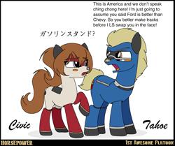 Size: 1929x1616 | Tagged: safe, artist:ethanchang, imported from derpibooru, oc, oc:civic, original species, pony, 1st awesome platoon, car pony, chevrolet, chevrolet tahoe, dialogue, female, honda, honda civic, japanese, looking at each other, male, mare, ponified, racism, stallion