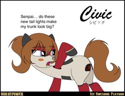 Size: 1938x1481 | Tagged: safe, artist:ethanchang, imported from derpibooru, oc, oc only, oc:civic, original species, pony, 1st awesome platoon, butt, car pony, dialogue, female, honda, honda civic, japanese, mare, plot, ponified, solo