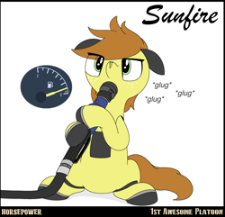 Size: 2048x1977 | Tagged: safe, artist:ethanchang, imported from derpibooru, original species, pony, 1st awesome platoon, car pony, drinking, female, fuel gauge, gas pump, mare, onomatopoeia, ponified, pontiac, pontiac sunfire, solo
