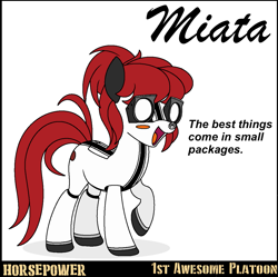 Size: 1171x1164 | Tagged: safe, artist:ethanchang, imported from derpibooru, original species, pony, 1st awesome platoon, caption, car pony, female, mare, mazda, mazda miata, ponified, smiling, solo, text, white eyes