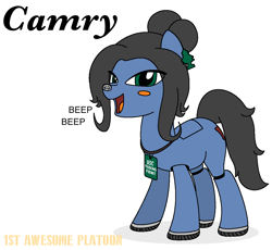 Size: 1088x1003 | Tagged: safe, artist:ethanchang, imported from derpibooru, original species, pony, 1st awesome platoon, air freshener, badge, car pony, female, looking at you, mare, onomatopoeia, ponified, solo, toyota, toyota camry