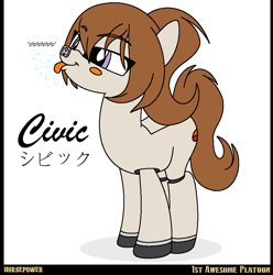 Size: 918x926 | Tagged: safe, alternate version, artist:ethanchang, imported from derpibooru, oc, oc only, oc:civic, original species, pony, 1st awesome platoon, car pony, female, honda, honda civic, japanese, mare, ponified, raspberry, solo, tongue out