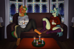 Size: 1280x853 | Tagged: safe, artist:pewas, imported from derpibooru, oc, oc only, anthro, unguligrade anthro, unicorn, big breasts, breasts, candle, chocolate, christmas, clothes, couch, digital art, ear piercing, female, food, headband, holiday, horn, hot chocolate, indoors, lamp, looking at each other, mother and child, mother and daughter, pants, piercing, shirt, sitting, snow, socks, stockings, striped socks, tail, thigh highs, window