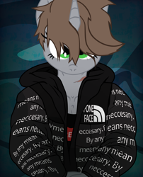 Size: 1746x2160 | Tagged: safe, artist:aaronmk, imported from derpibooru, oc, oc only, oc:littlepip, anthro, unicorn, fallout equestria, abstract background, drip, female, glare, goku drip, hypebeast jacket, looking at you, mare, meme, scar, solo, solo female, supreme, vector