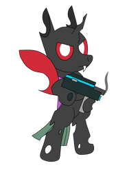 Size: 3072x4096 | Tagged: safe, artist:theunidentifiedchangeling, imported from derpibooru, oc, oc only, oc:[unidentified, oc:[unidentified], changeling, angry, bipedal, digital art, gun, horn, looking at you, male, red eyes, simple background, solo, transparent background, weapon, wings