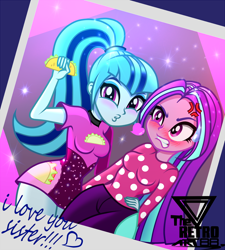 Size: 1600x1777 | Tagged: safe, artist:theretroart88, imported from derpibooru, aria blaze, sonata dusk, equestria girls, blushing, clothes, dress, food, jeans, kissy face, pants, sonataco, sweater, taco, that girl sure loves tacos, that pony sure does love tacos, that siren sure does love tacos, this will end in pain, tsundaria