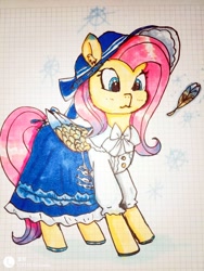 Size: 1500x2000 | Tagged: safe, artist:blueberry pie_蜜糕, imported from derpibooru, fluttershy, pegasus, pony, :3, clothes, colored feathertips, colored wings, cosplay, costume, cute, daaaaaaaaaaaw, dress, emma woods, identity v, shyabetes, solo, traditional art, wings