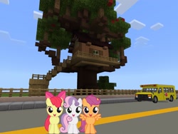 Size: 2048x1536 | Tagged: safe, artist:thatguy1945, artist:topsangtheman, imported from derpibooru, apple bloom, scootaloo, sweetie belle, earth pony, pegasus, pony, unicorn, clubhouse, crusaders clubhouse, looking at you, minecraft, school bus, trio