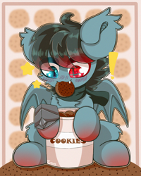 Size: 2000x2500 | Tagged: safe, artist:etoz, imported from derpibooru, oc, oc only, oc:mystery iris, bat pony, pony, :3, bat pony oc, bat wings, blushing, chibi, commission, cookie, eating, fangs, food, herbivore, male, sitting, solo, stallion, stars, wingding eyes, wings