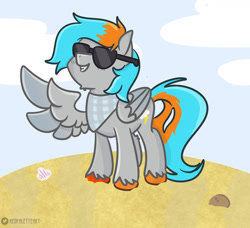 Size: 1280x1167 | Tagged: safe, artist:redpalette, imported from derpibooru, oc, oc:shade flash, pegasus, bandana, beach, cute, male, pegasus oc, smiling, stallion, sunglasses, wings