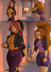 Size: 2480x3508 | Tagged: safe, artist:nire, imported from derpibooru, adagio dazzle, aria blaze, sonata dusk, sunset shimmer, human, equestria girls, blushing, blushing profusely, box of chocolates, clothes, confession, embarrassed, female, females only, floating heart, guitar, guitar case, heart, holding hands, humanized, jacket, lesbian, musical instrument, school, shipping, shy, smiling, spikes, spying, sunsagio, sunset, sweat, sweating profusely