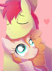 Size: 1024x1382 | Tagged: safe, artist:nnaly, imported from derpibooru, bright mac, pear butter, earth pony, pony, brightbutter, eyes closed, female, heart, male, mare, shipping, simple background, stallion, straight