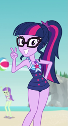Size: 573x1065 | Tagged: safe, imported from derpibooru, screencap, sci-twi, twilight sparkle, equestria girls, equestria girls series, forgotten friendship, clothes, sci-twi swimsuit, sleeveless, solo, swimsuit