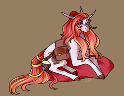 Size: 1620x1260 | Tagged: safe, artist:birdbiscuits, imported from derpibooru, oc, oc only, oc:teddy heart, pony, unicorn, bag, female, freckles, jar, orange eyes, ponytail, red hair, red mane, red tail, saddle bag, solo, teddy bear, yellow hair, yellow tail