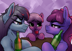 Size: 4037x2851 | Tagged: safe, artist:asme, imported from derpibooru, berry punch, berryshine, cheerilee, oc, oc:slumber nox, earth pony, pegasus, pony, alcohol, background pony, big ears, blushing, bottle, canon x oc, cork, drunk, female, glass, go home you're drunk, gradient mane, grin, lidded eyes, looking at each other, looking at someone, male, pegasus oc, siblings, simple background, sisters, smiling, stare, stare down, table, third wheel, wine, wine bottle, wine glass, wings